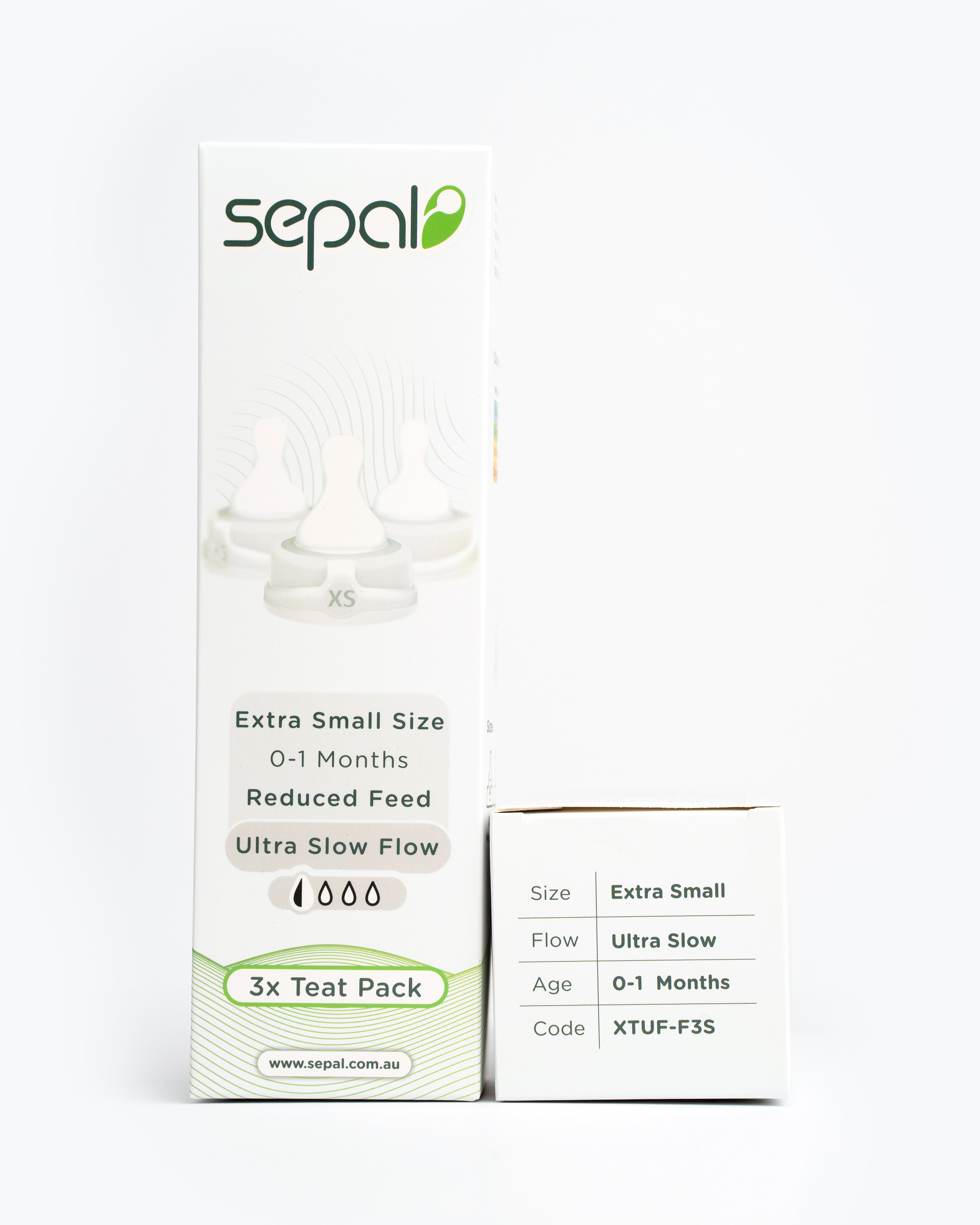 Sepal retail box for 3 pack white extra small ultra slow flow teat. Size, flow, age & code all displayed for easy reference.
