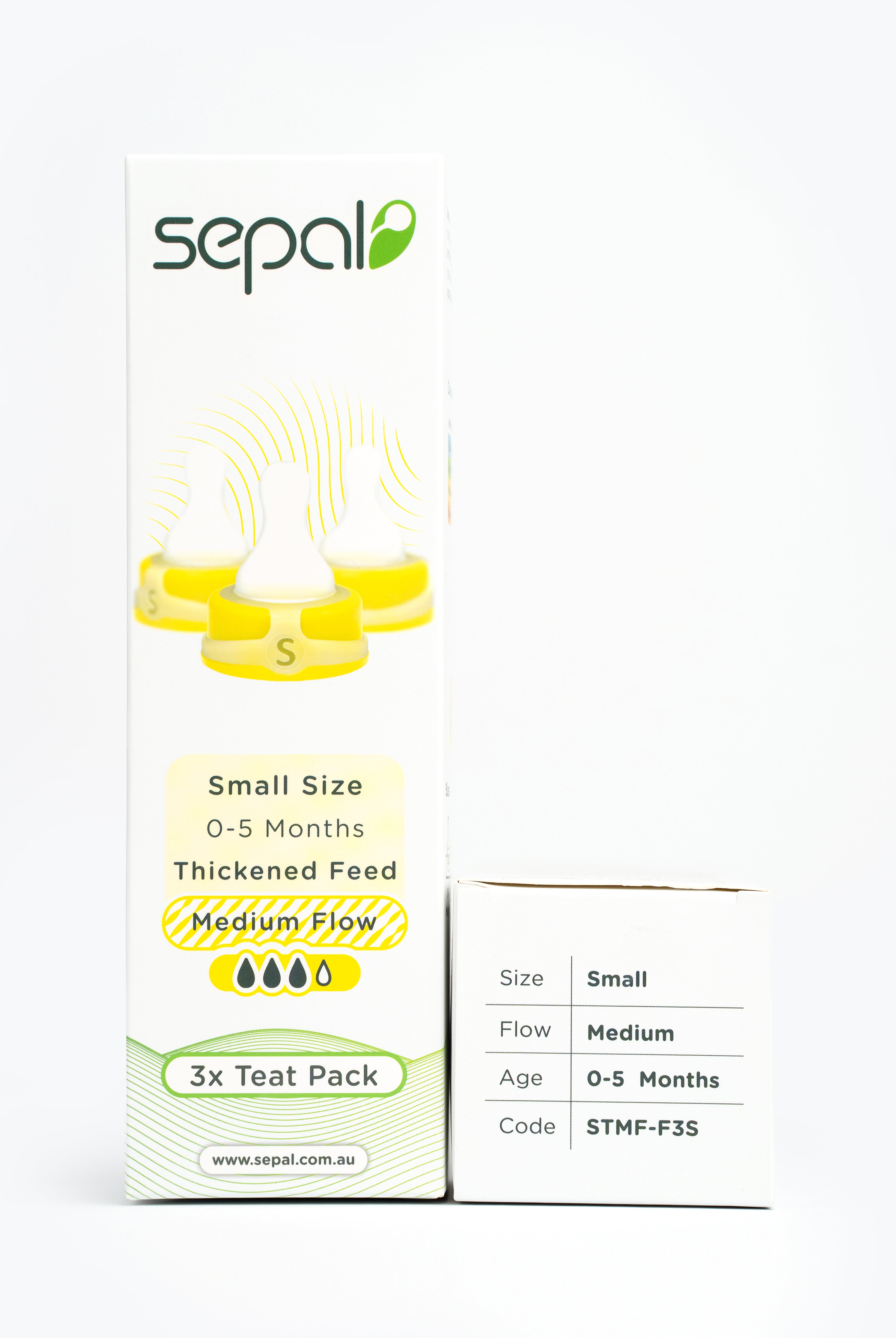 Sepal retail box for 3 pack yellow small teat medium flow. Size, flow, age & code are displayed for easy reference.