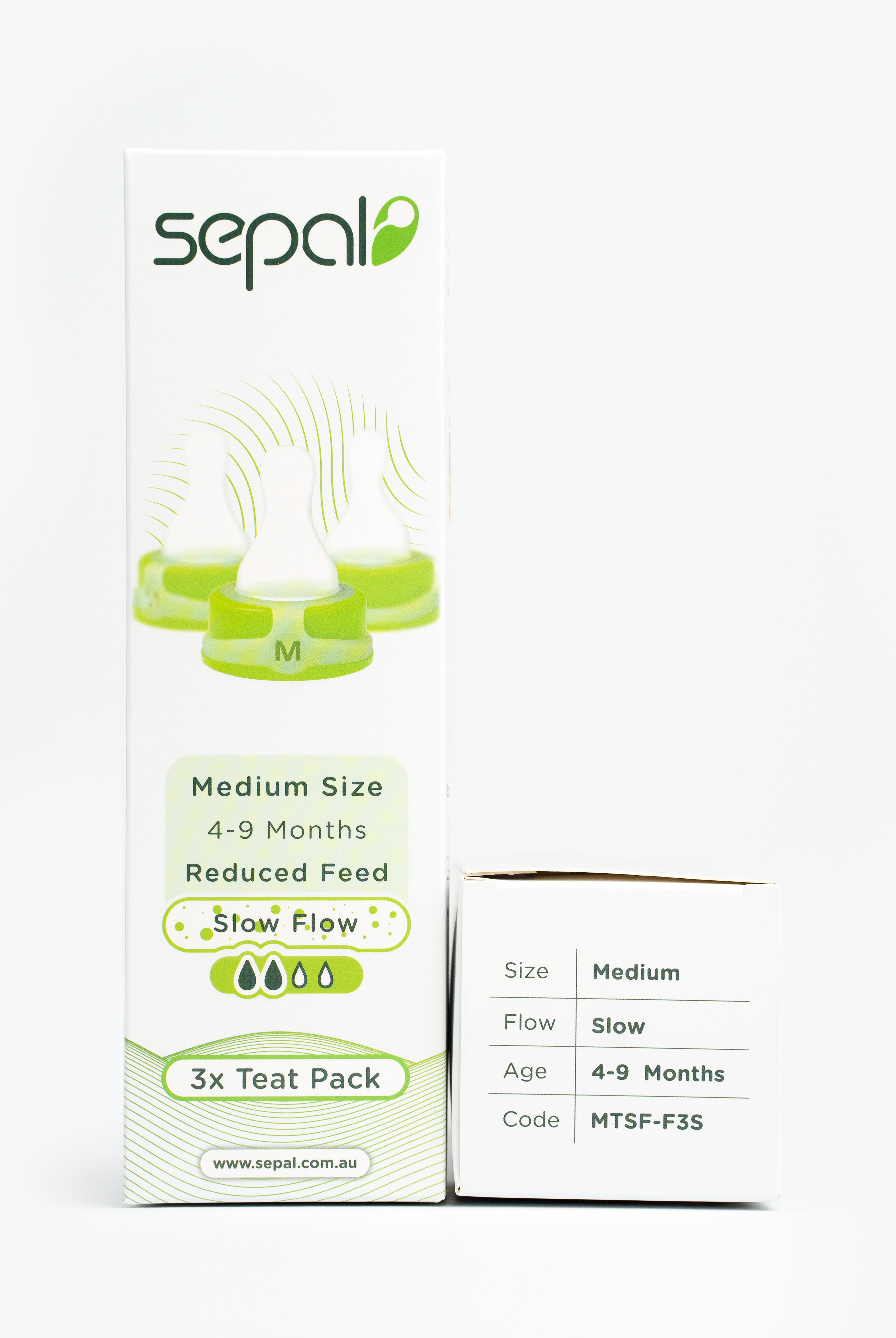 Sepal retail pack for 3 pack teats green medium teat slow flow. Size, flow, age & code all displayed for easy reference.