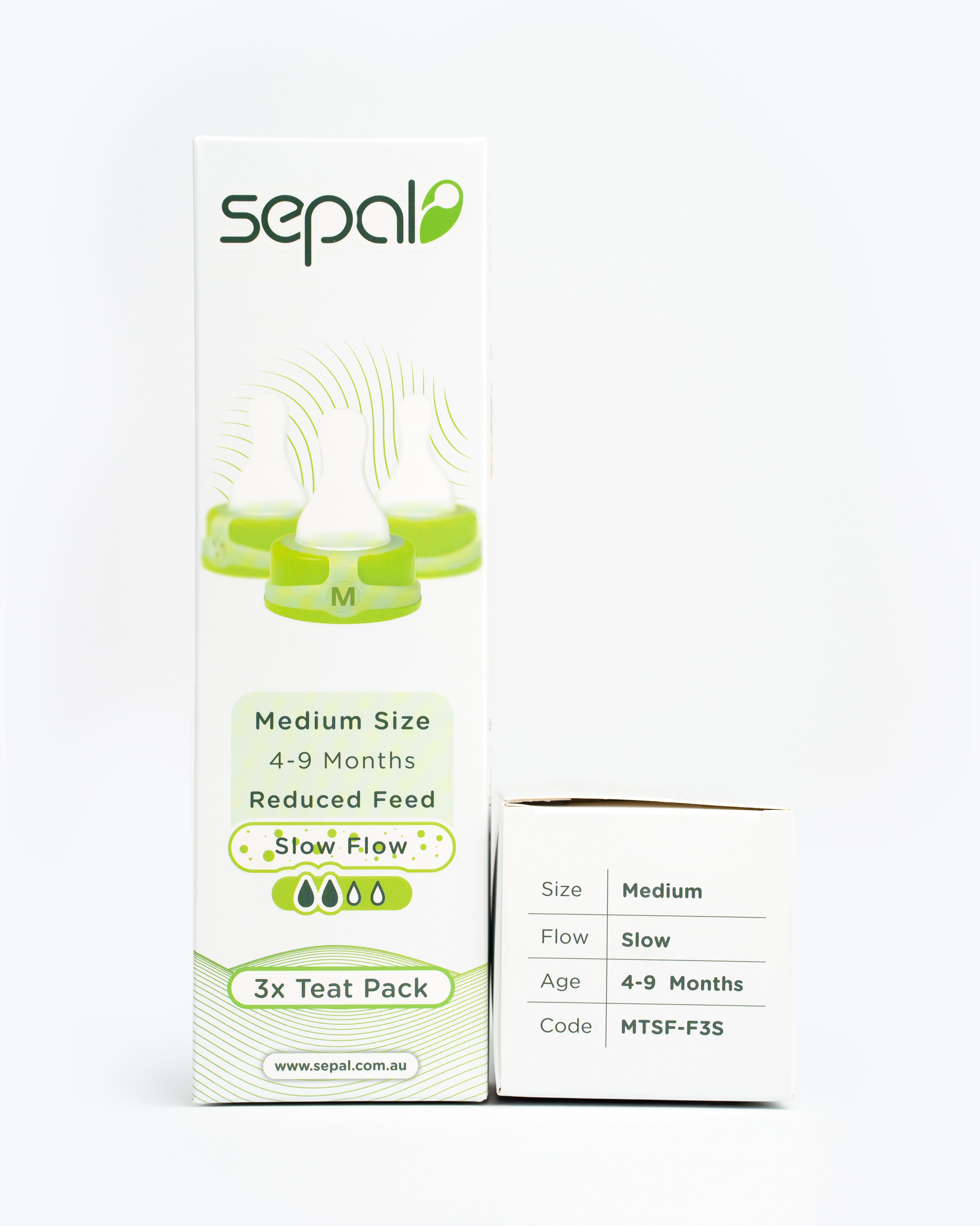 Sepal retail pack for 3 pack teats green medium teat slow flow. Size, flow, age & code all displayed for easy reference.