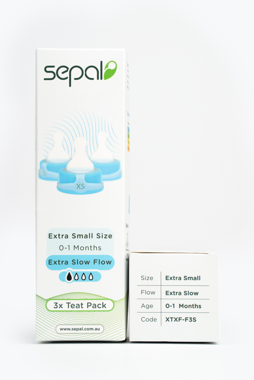 Sepal retail box for 3 teat pack for blue extra small extra slow flow teats. Size, flow, age & code displayed for easy reference.