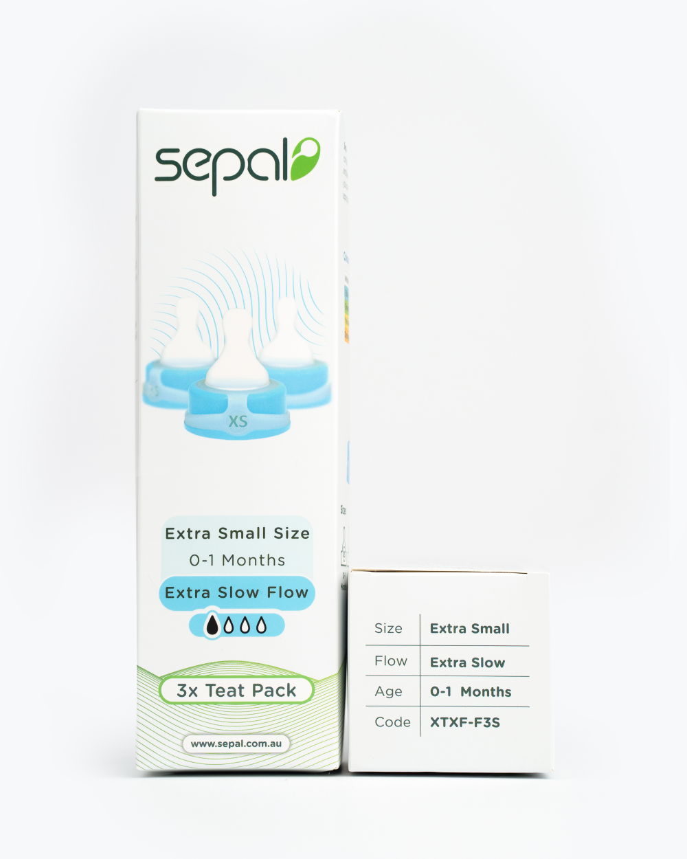 Sepal retail box for 3 teat pack for blue extra small extra slow flow teats. Size, flow, age & code displayed for easy reference.