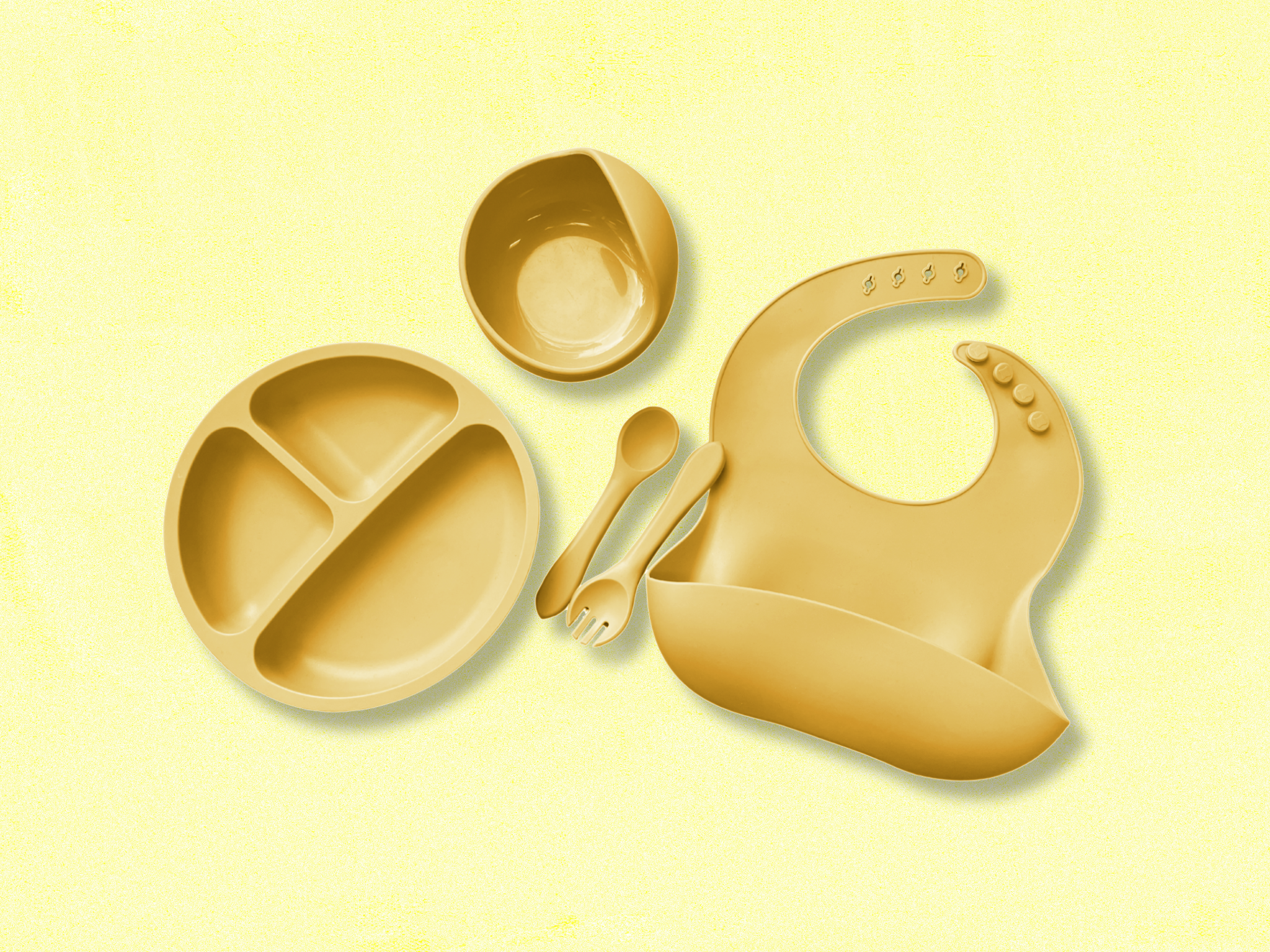 yellow silicone baby bowl, bib, plate, spoon & fork set