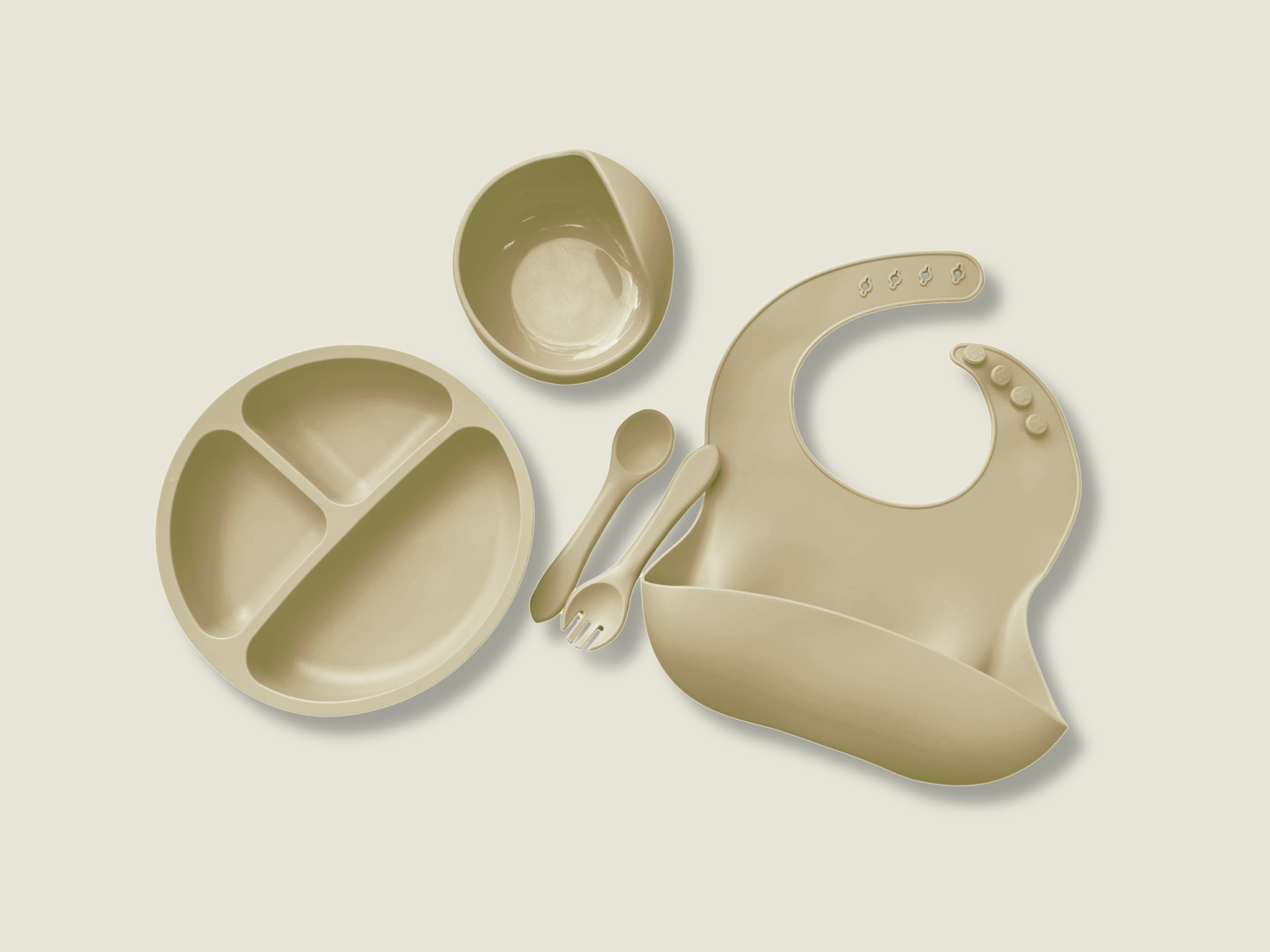 Beige silicone baby bowl, plate, bib, spoon & fork set