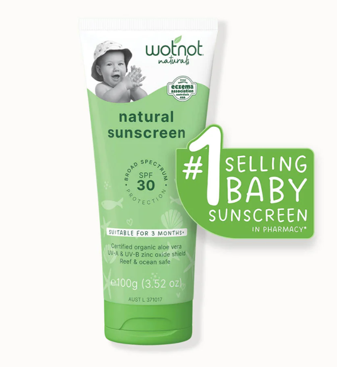 Green & white wotnot baby sunscreen tube with No 1 selling icon