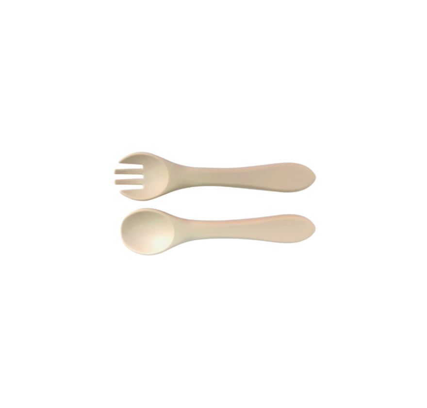 beige baby silicone fork and spoon