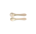 beige baby silicone fork and spoon