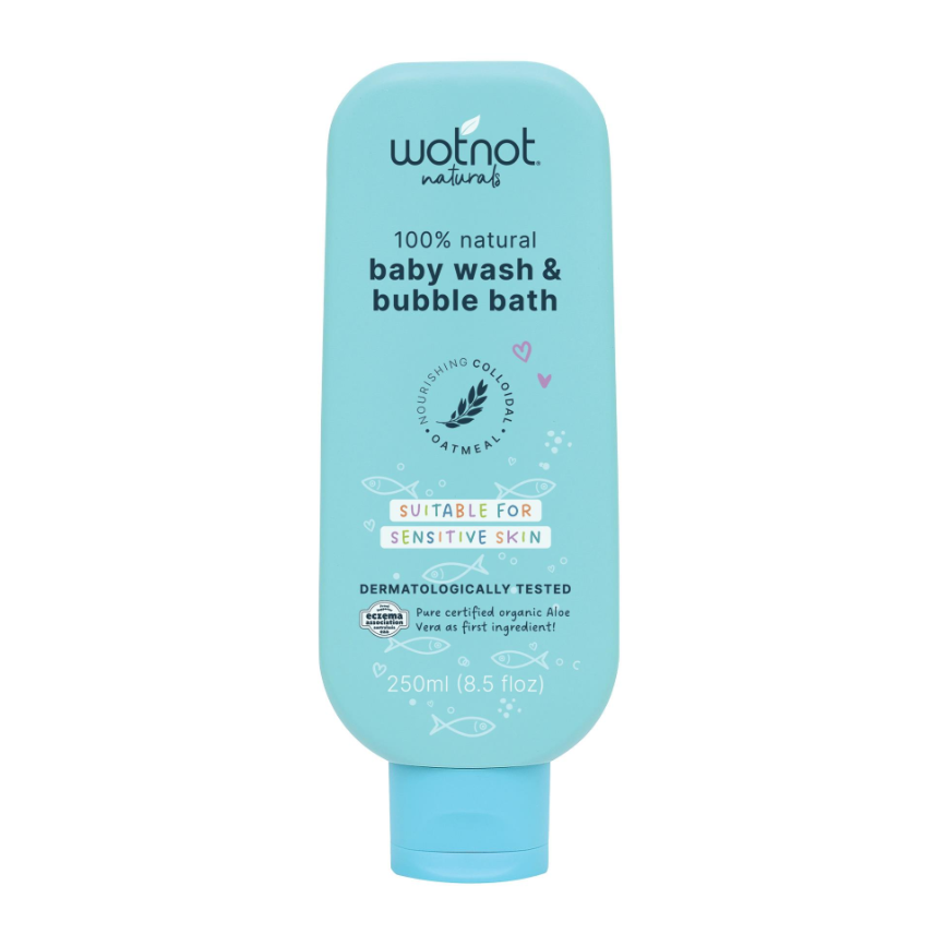 Wotnot Naturals baby wash and bubble bath bottle on a white background