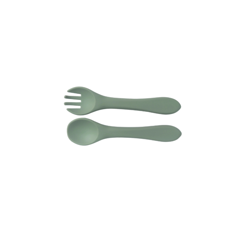 green baby silicone fork and spoon