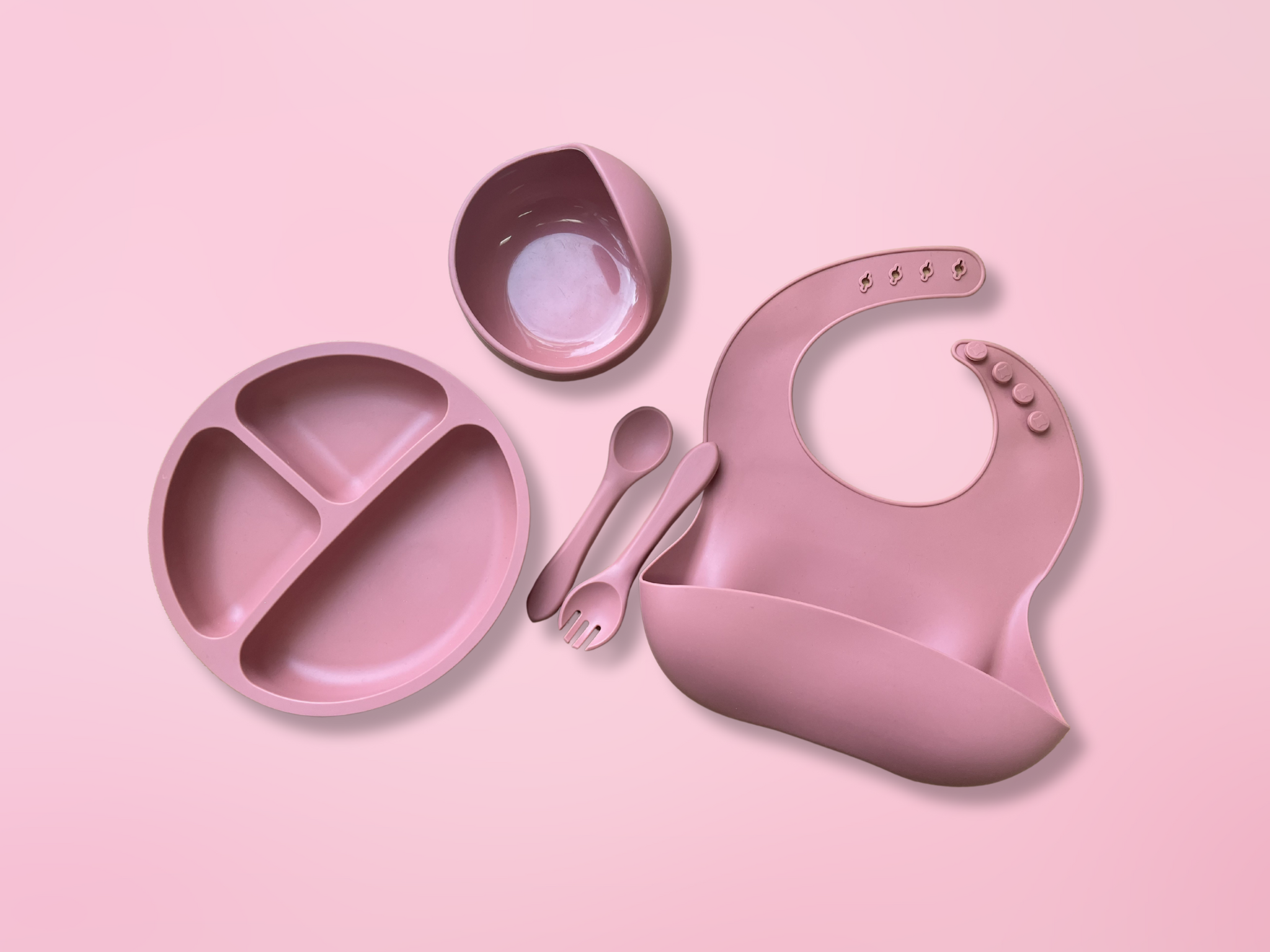 Rose silicone baby bowl, bib,  plate, spoon & fork set