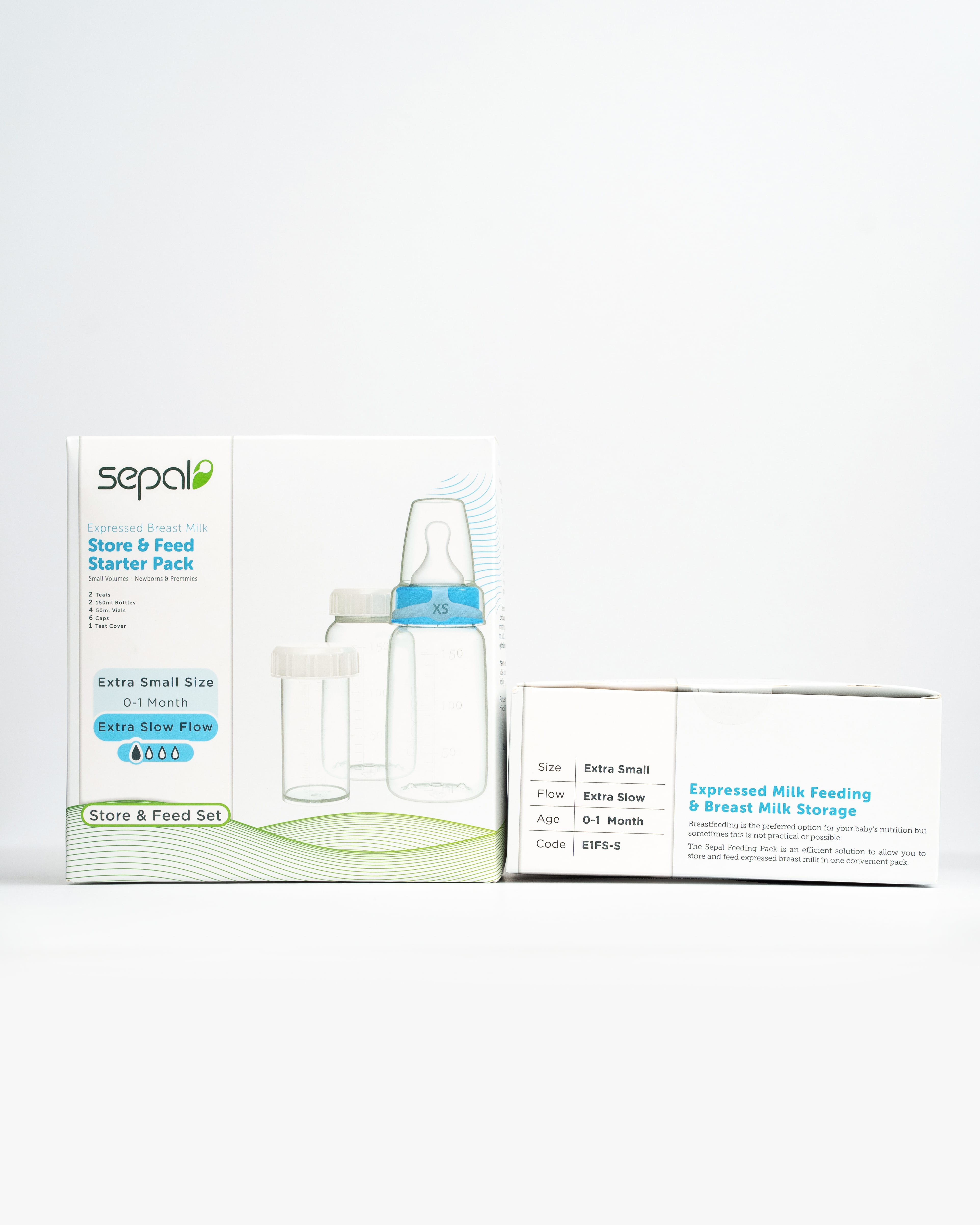 Retail box of the Sepal extra small Store & Feed pack. Size, flow, age & code are displayed for easy reference. 