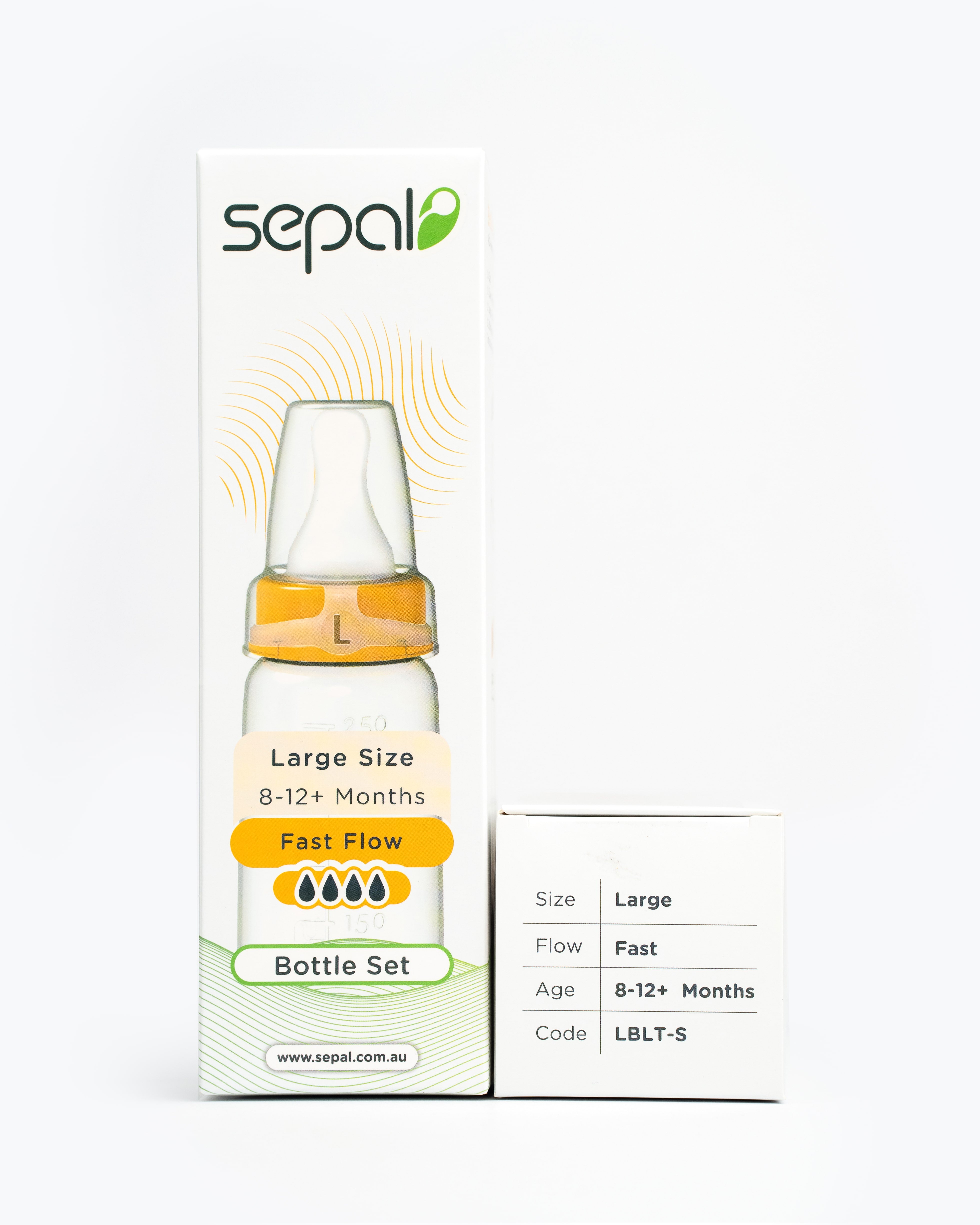 Sepal Retail Large Bottle set. Size, flow, age & product code area displayed for easy reference. 