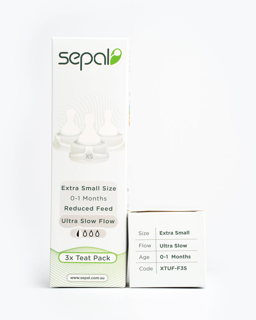 Sepal retail box for 3 pack white extra small ultra slow flow teat. Size, flow, age & code all displayed for easy reference. 