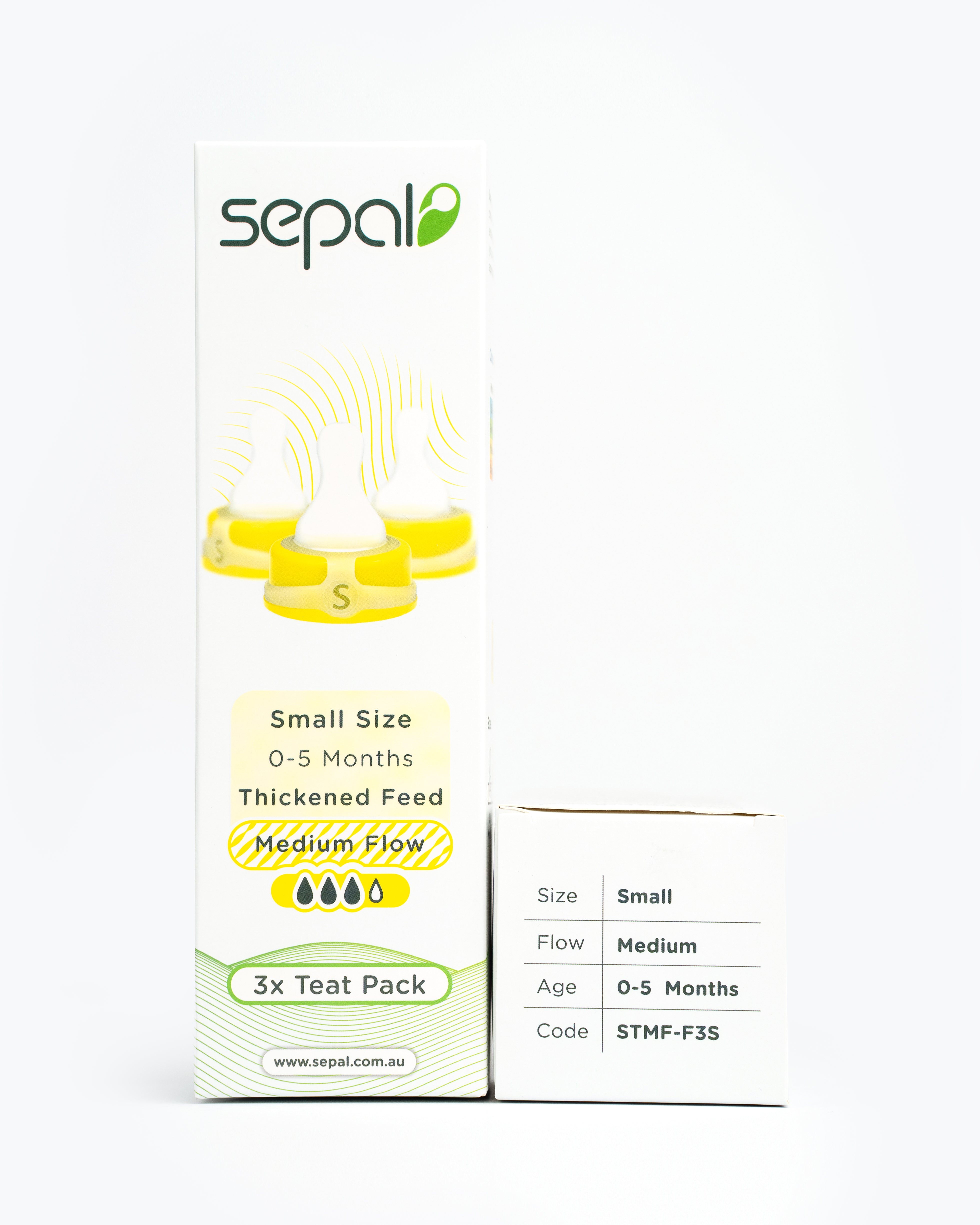 Sepal retail box for 3 pack yellow small teat medium flow. Size, flow, age & code are displayed for easy reference. 