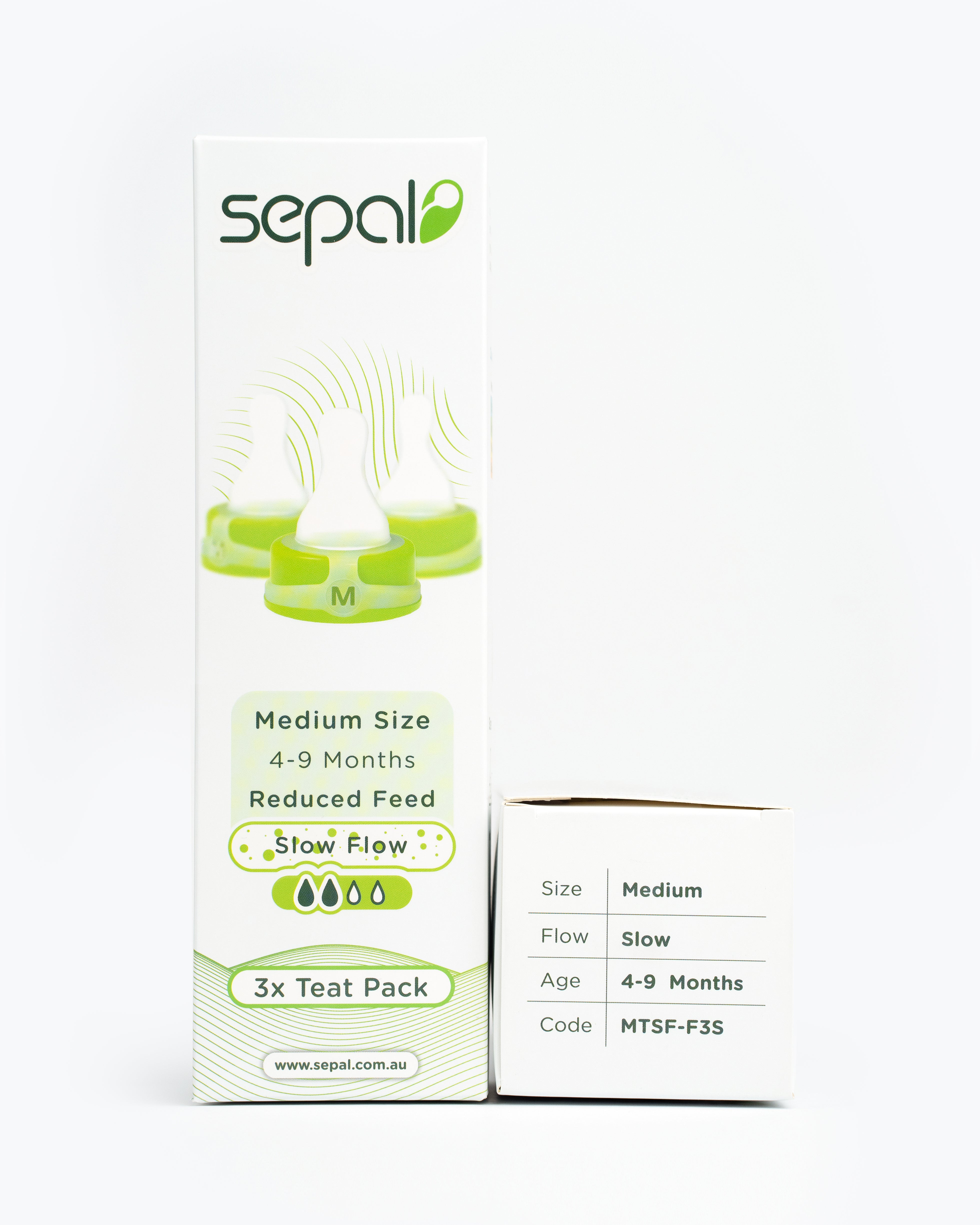 Sepal retail pack for 3 pack teats green medium teat slow flow. Size, flow, age & code all displayed for easy reference. 