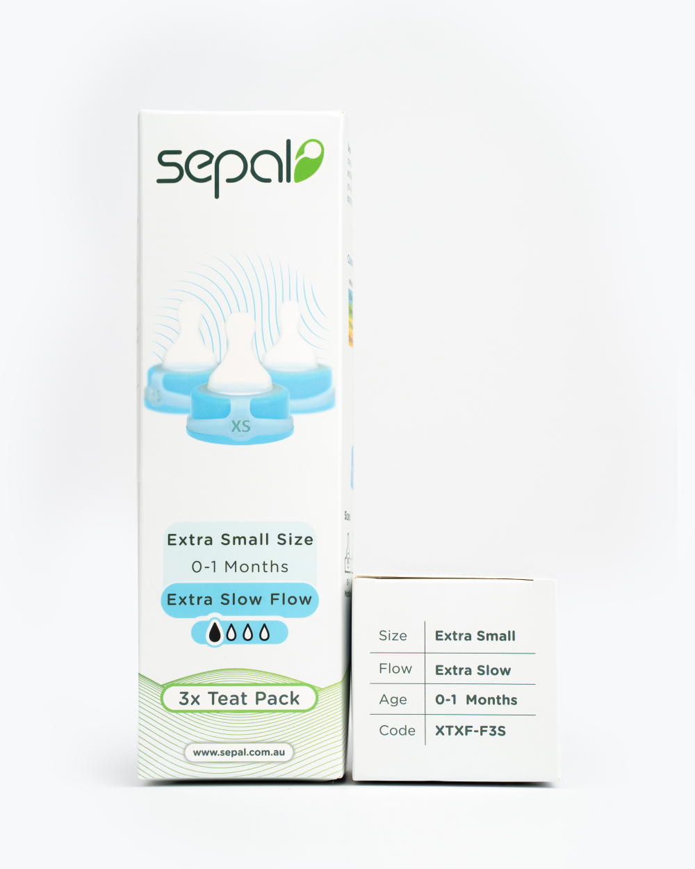 Sepal retail box for 3 teat pack for blue extra small extra slow flow teats. Size, flow, age & code displayed for easy reference. 